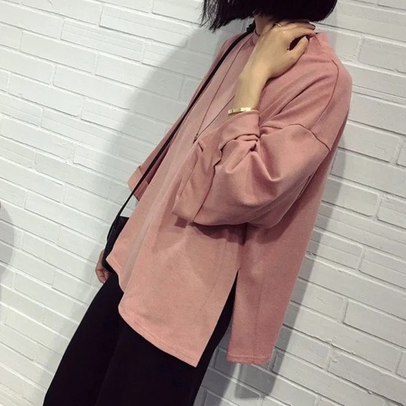 Pink Crew Neck Boxy Elbow Length Sleeve T-Shirt with Side Slit One Size - Picture 6 of 6